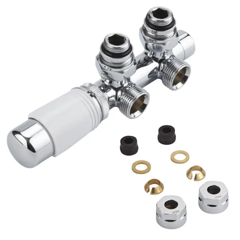 Valvole a Squadra per Radiatori e Scaldasalviette per Attacco Centrale Complete di Testa Termostatica Cromata con Bianco e Adattatori per Raccordi 12mm per Tubi in Rame - Multiblock H | Offerta