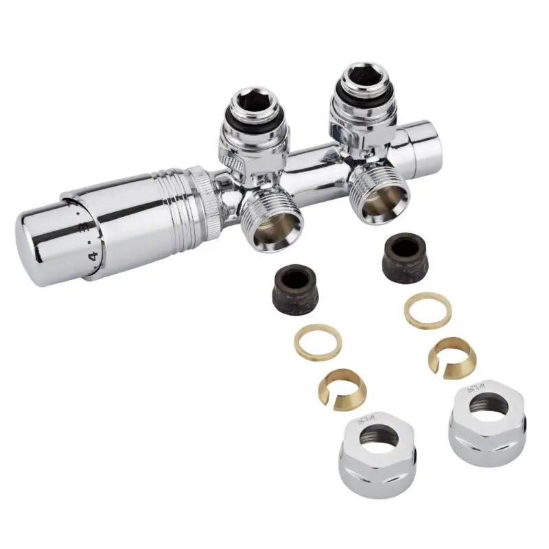Svendita - Valvole a Squadra per Radiatori e Scaldasalviette con Attacco Centrale Complete di Testa Termostatica Cromata e Adattatori per Raccordi 14mm per Tubi in Rame - Multiblock H