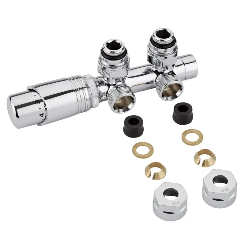 Valvole a Squadra per Radiatori e Scaldasalviette con Testa Termostatica Cromata e Adattatori per Raccordi 12mm per Tubi in Rame - Multiblock H - Promozione speciale