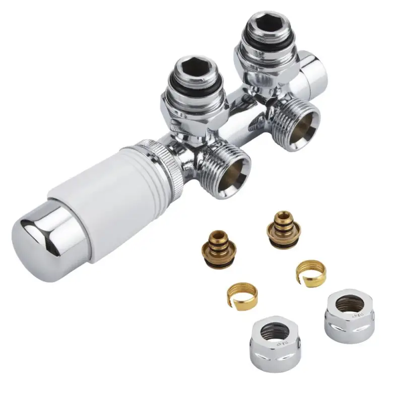 Valvole a Squadra per Radiatori e Scaldasalviette con Attacco Centrale con Testa Termostatica Bianca con Adattatore Multiplo per Raccordi Pex e Multistrato 16mm - Multiblock H | Direttamente dalla fabbrica