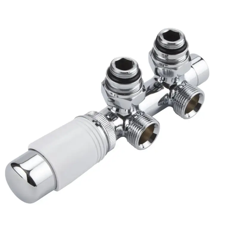 Valvole a Squadra per Radiatori e Scaldasalviette con Attacco Centrale Complete di Testa Termostatica Cromata e Selezione di Adattatori – Multiblock H | Fine serie