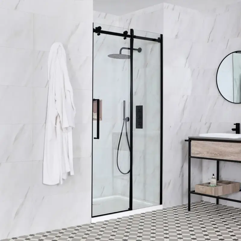 Saldi - Porta Doccia Scorrevole Nera Senza Telaio con Piatto Doccia - Nox