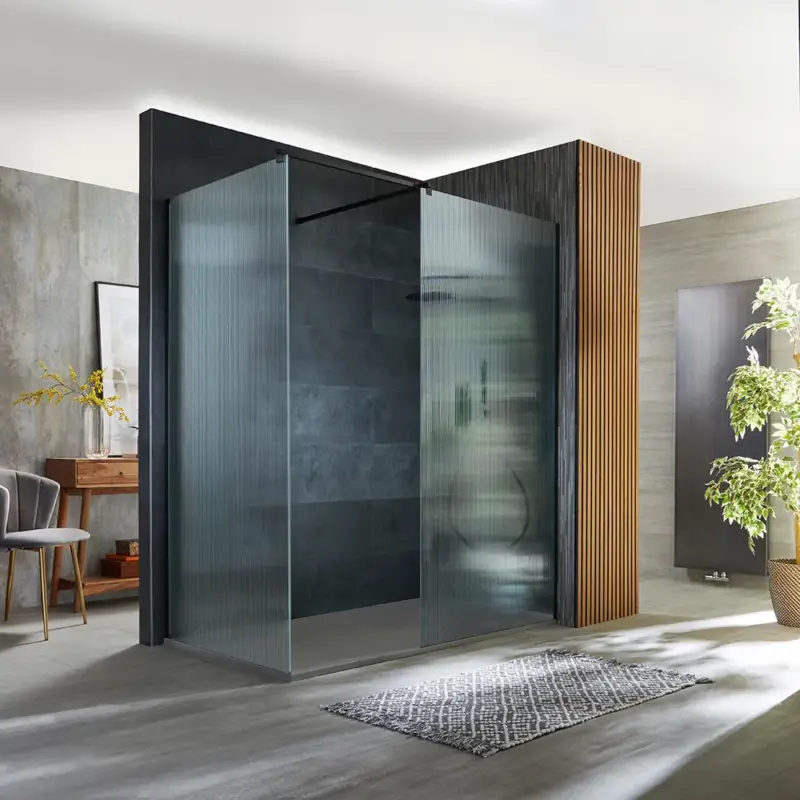Box Doccia Walk-in Angolare Nero in Vetro Scanalato con con Piatto Doccia Effetto Ardesia - Scelta di Misure - Florence | Prezzo speciale