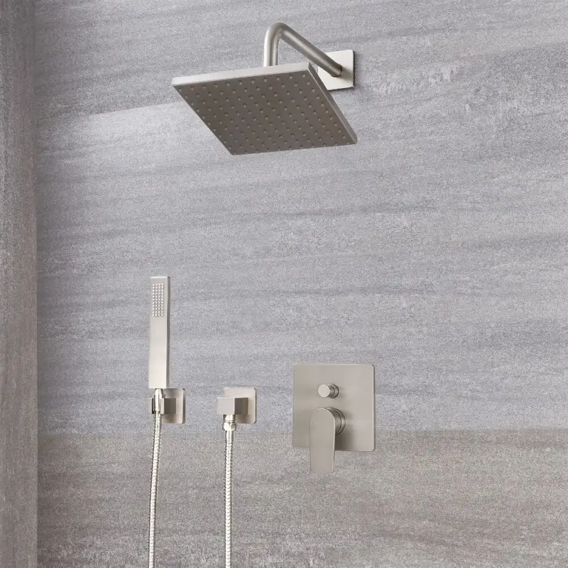 Kit Doccia Completo di Miscelatore Doccia Manuale a 2 Vie con Finitura in Nichel Spazzolato, Deviatore, Soffione Doccia Quadrato 200x200mm e Doccetta Quadrata - Harting | Risparmia di più