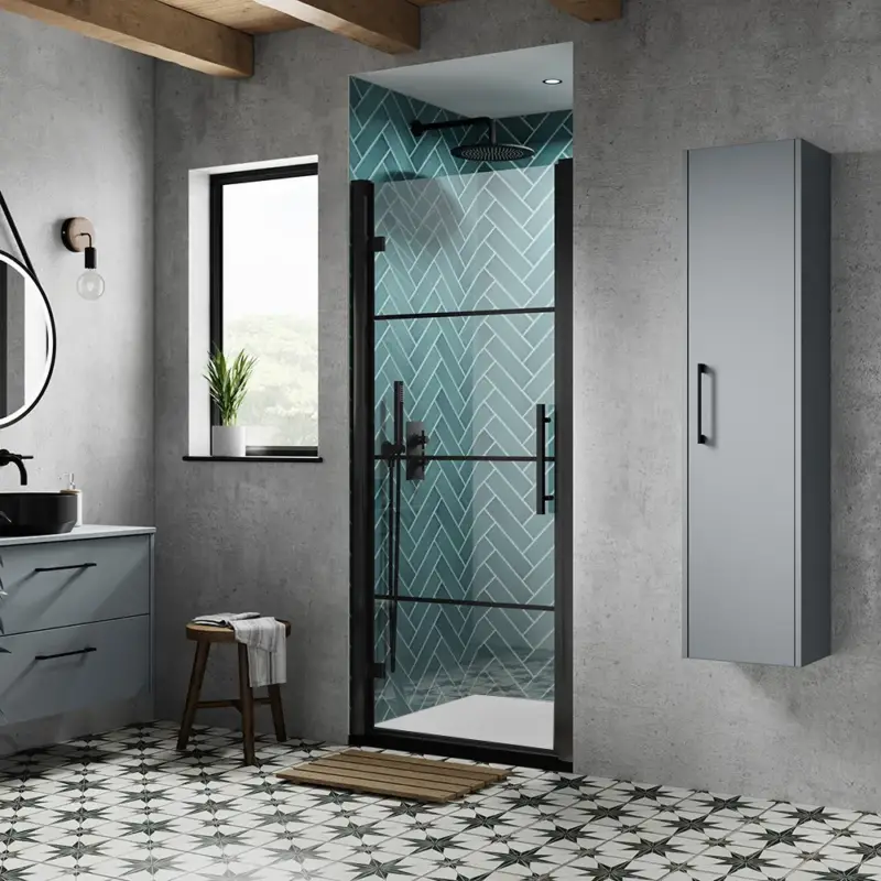 Box Doccia con Porta a Battente Nera e Piatto Doccia - Dimensioni a Scelta - Apex | Ordina oggi