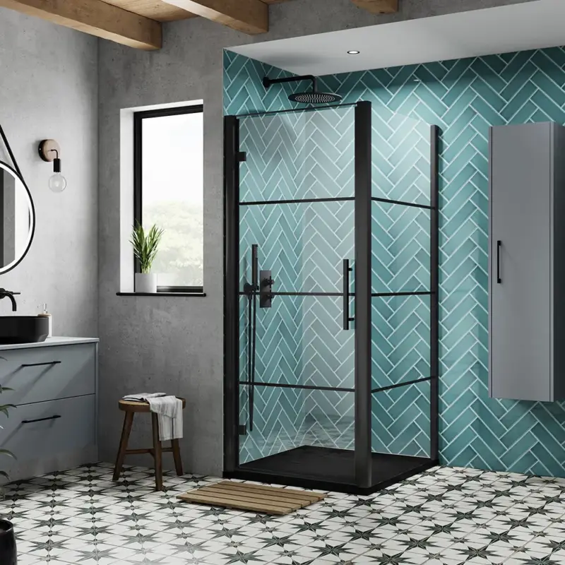Box Doccia Angolare con Porta a Battente Nera e Piatto Doccia Effetto Ardesia - Dimensioni a Scelta - Apex - Pochi pezzi rimasti