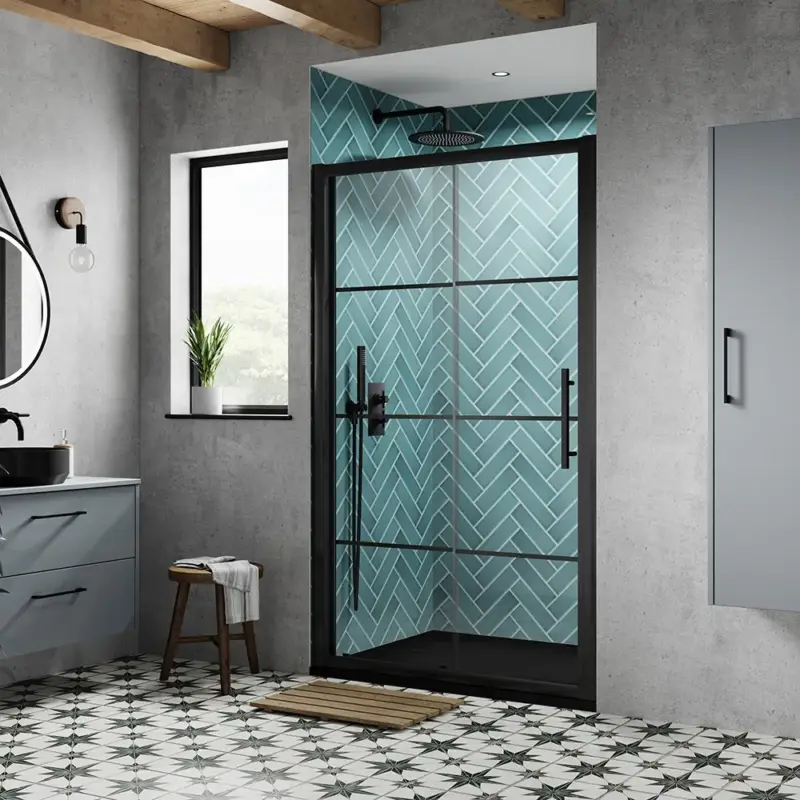 Acquista dal produttore - Box Doccia con Porta Scorrevole Nera e Piatto in Ardesia - Dimensioni a Scelta - Apex