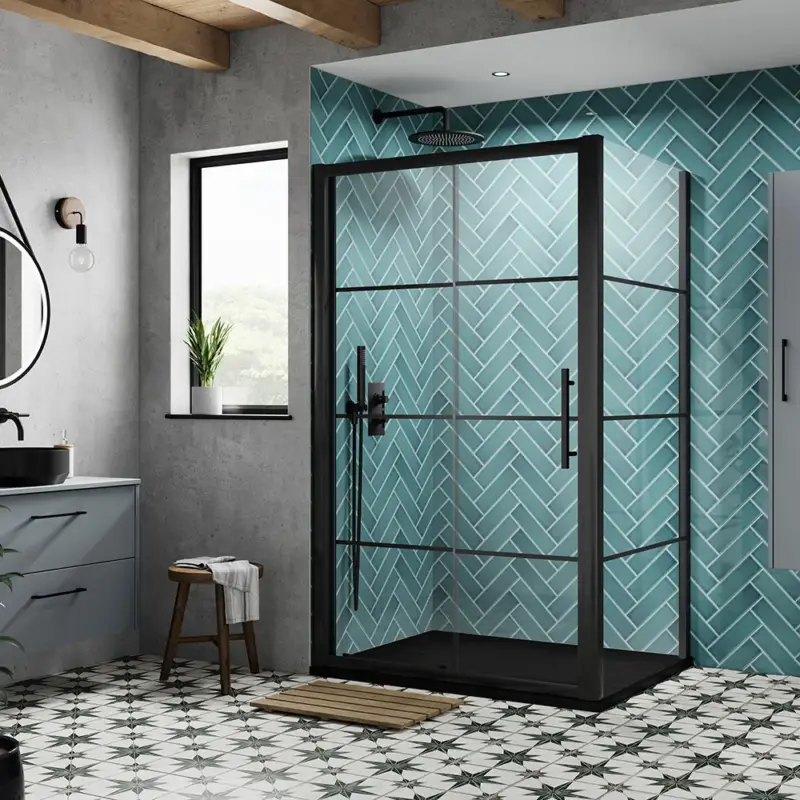 Box Doccia Angolare con Porta Scorrevole Nera e Piatto in Ardesia - Dimensioni a Scelta - Apex | Qualità premium