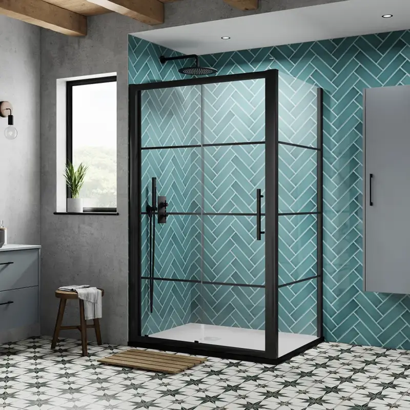 Box Doccia Angolare con Porta Scorrevole Nera e Piatto Doccia - Dimensioni a Scelta - Apex - Scorte quasi esaurite