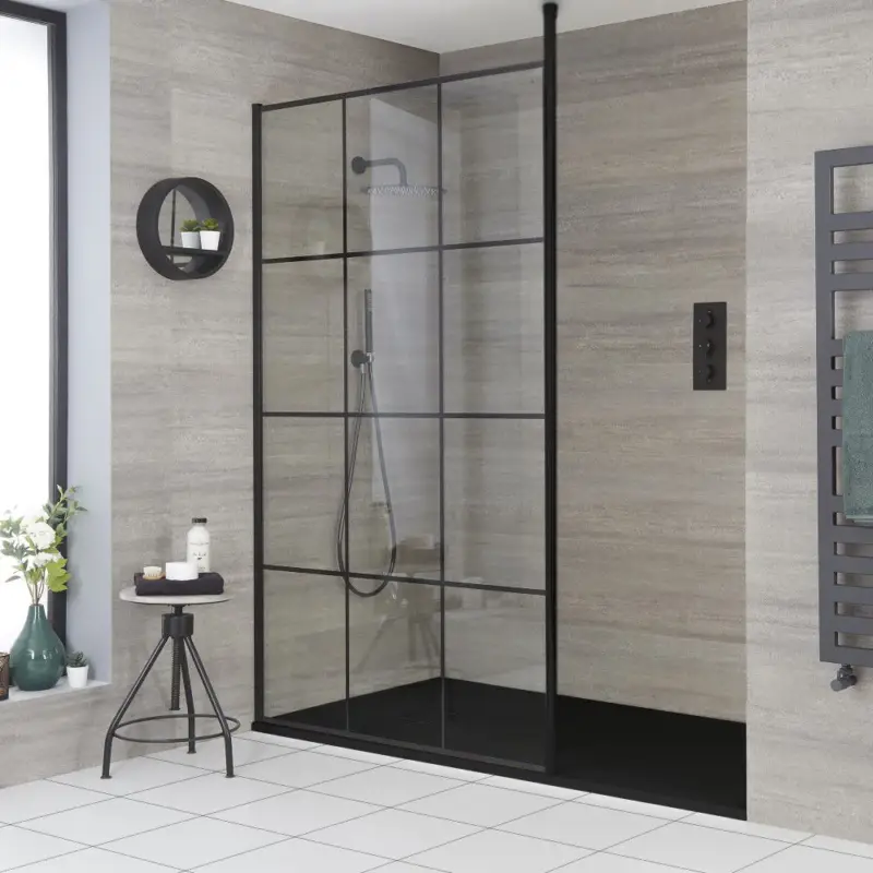 Box Doccia Walk-In a Nicchia con Palo di Supporto e Piatto Doccia Effetto Pietra - Disponibile in Diverse Misure - Barq - Grande successo