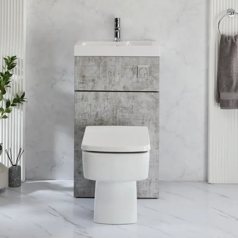 Solo questa settimana | Set Bagno Moderno Completo di Sanitario Exton e Lavabo - Grigio Cemento - 500mm x 890mm - Pulsante di Scarico Cromato - Cluo