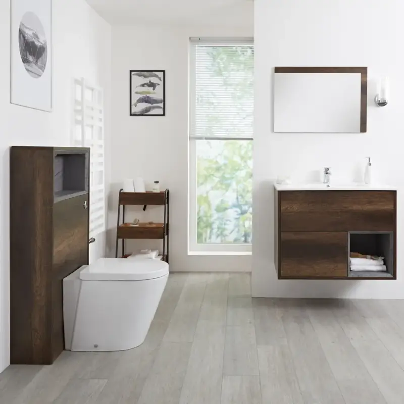 Prezzo scontato | Mobile Bagno Sospeso da 800mm in Rovere Scuro con Lavabo Integrato, Mobile WC e Sanitario (con LED Opzionali) - Hoxton