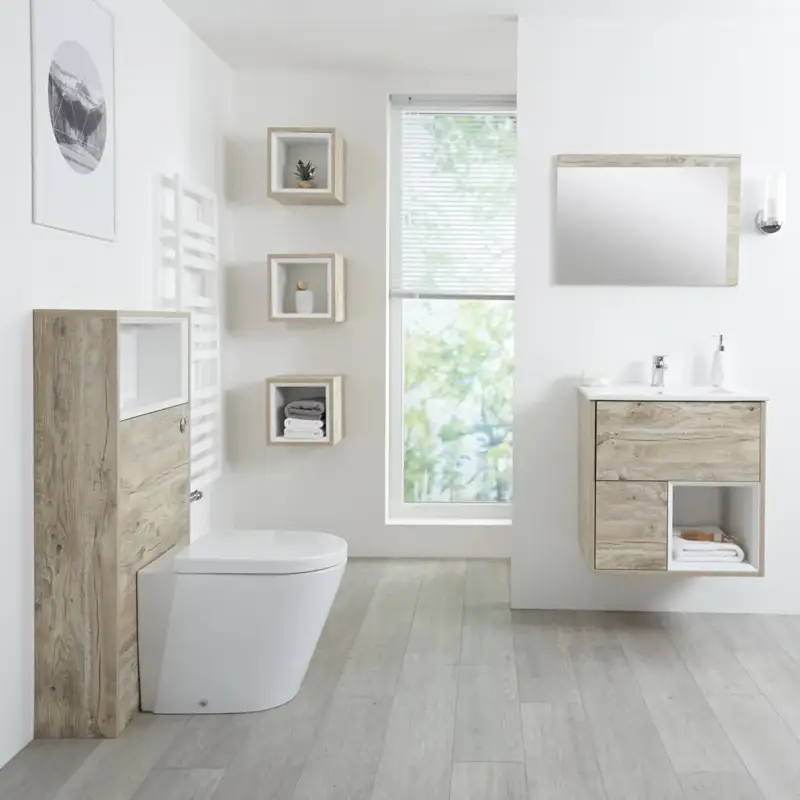 Mobile Bagno Sospeso da 600mm in Rovere Chiaro con Lavabo Integrato, Mobile WC, Sanitario, Mobiletti Murali e Specchio (con LED Opzionali) - Hoxton | Soddisfatti o rimborsati