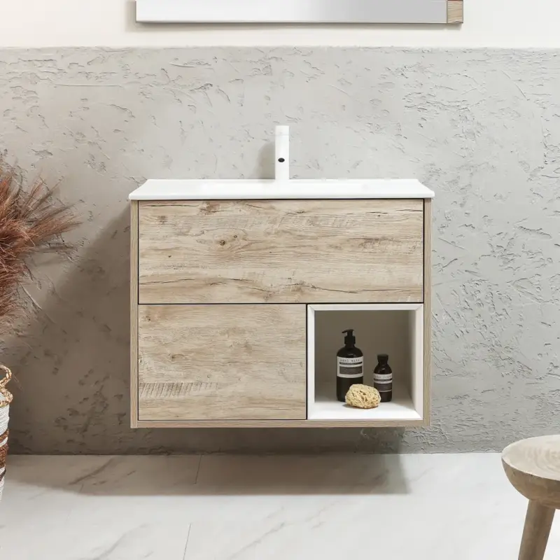 Top vendite | Mobile Bagno Sospeso con Ripiano Aperto da 812mm con Lavabo Element - Scelta di Lavabo, Finitura e Luci LED - Hoxton