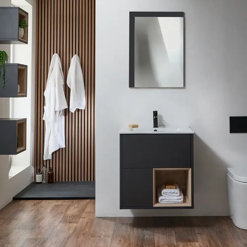 Appena arrivato - Mobile Bagno Sospeso con Ripiano Aperto e Lavabo da 610mm - Scelta di Finiture, Lavabo e Luci LED - Hoxton