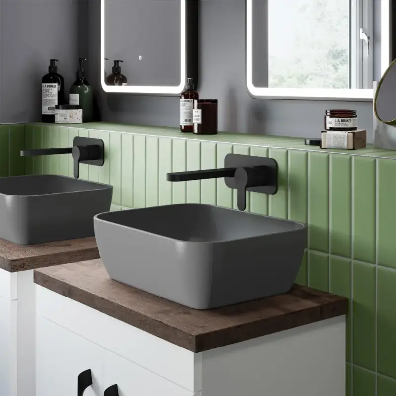 Consegna veloce - Lavabo da Appoggio Quadrato Moderno Grigio Opaco - 455 mm x 325 mm (senza Fori per il Rubinetto)