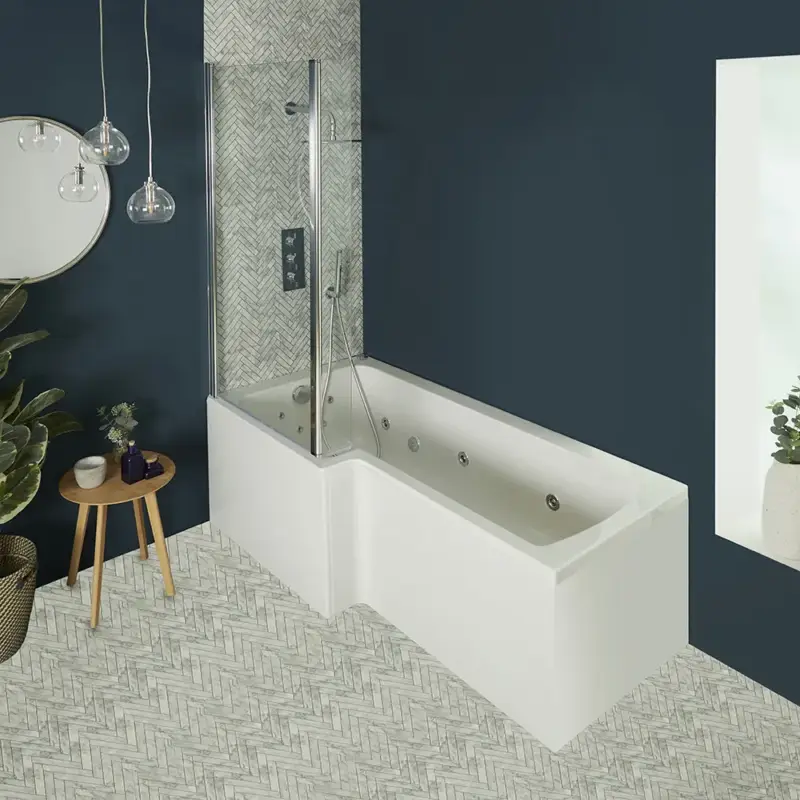 Vasca da Bagno Idromassaggio Asimmetrica con Doccia con Parete Vasca - Scelta di Idrogetti Whirlpool - Sandford, Dimensioni, Pannelli Vasca - Imperdibile