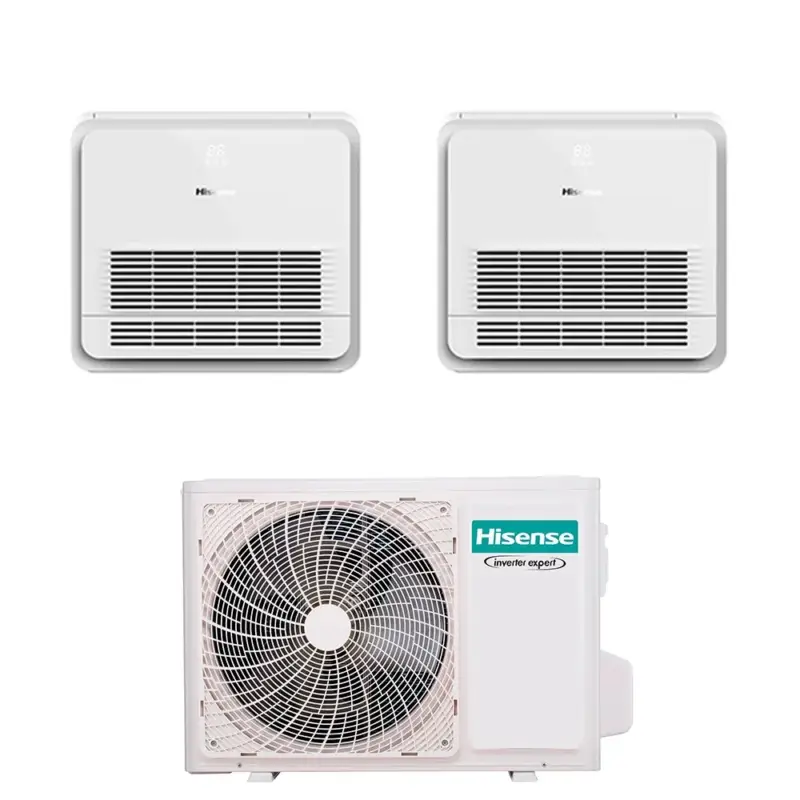 Prezzo speciale - Hisense CONSOLE commerciale R32 Climatizzatore console da pavimento dual split inverter Wi-Fi bianco | unità esterna 5 kW unità interne 9000+9000 BTU