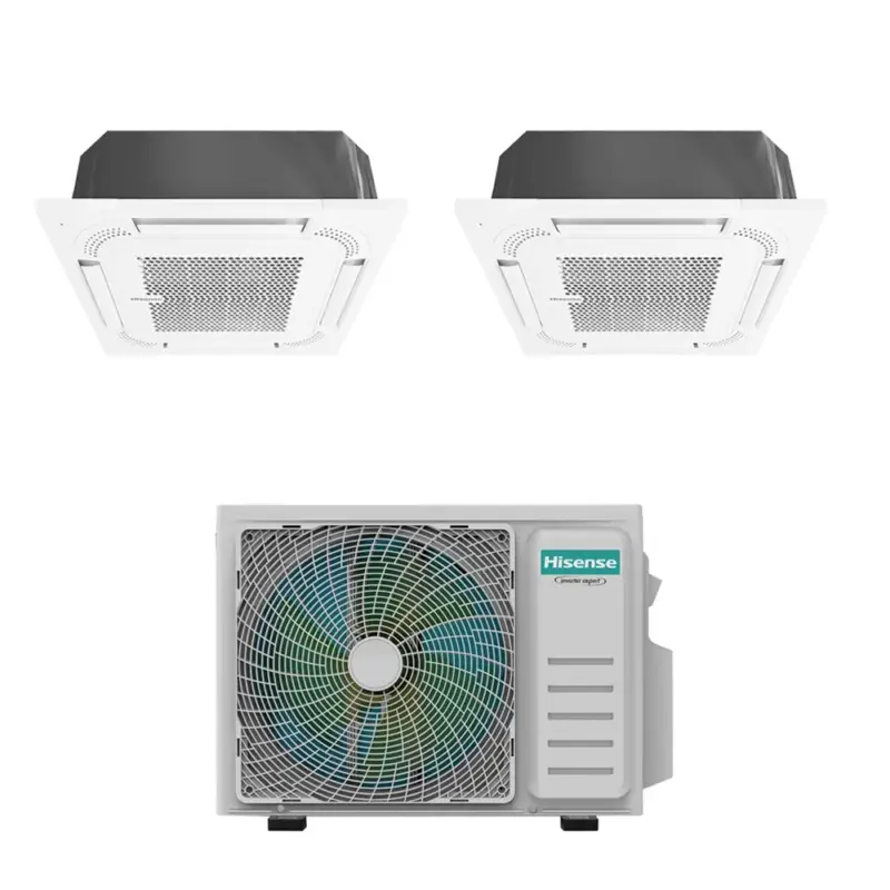 Hisense CASSETTA commerciale R32 Climatizzatore a cassetta dual split inverter bianco | unità esterna 5 kW unità interne 9000+9000 BTU | Consigliato