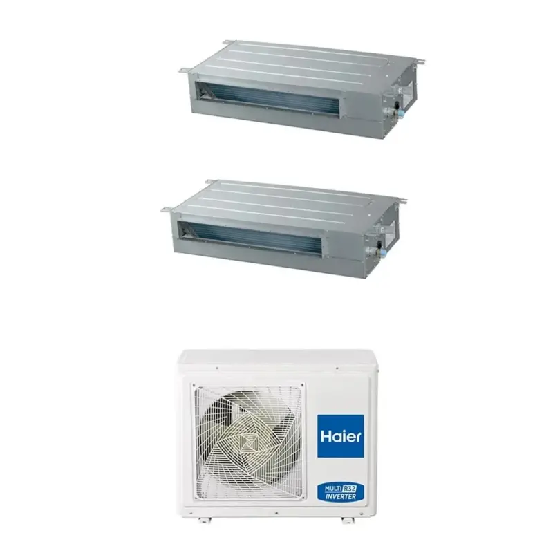 Molto apprezzato - Haier CANALIZZATO SLIM Bassa pressione R32 Climatizzatore canalizzabile trial split inverter Wi-Fi | unità esterna 5.5 kW unità interne 9000+9000 BTU