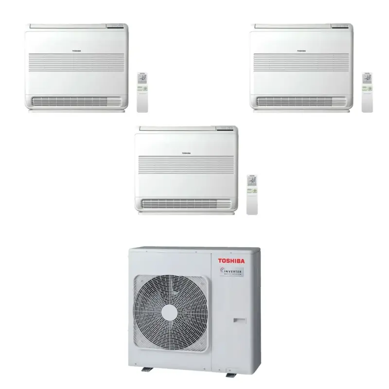 Toshiba CONSOLE Climatizzatore a pavimento trial split inverter bianco | unità esterna R32 8 kW unità interne 10000+10000+10000 BTU | Scorte limitate