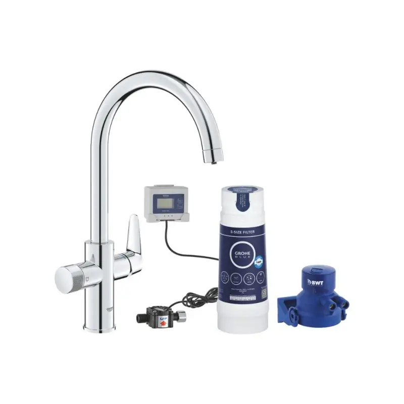 Grohe Blue Pure Baucurve Rubinetto Multifunzione Bocca C Girevole 150° Cromo con Filtro Taglia S per Acqua Filtrata - 30581000 | Fine serie