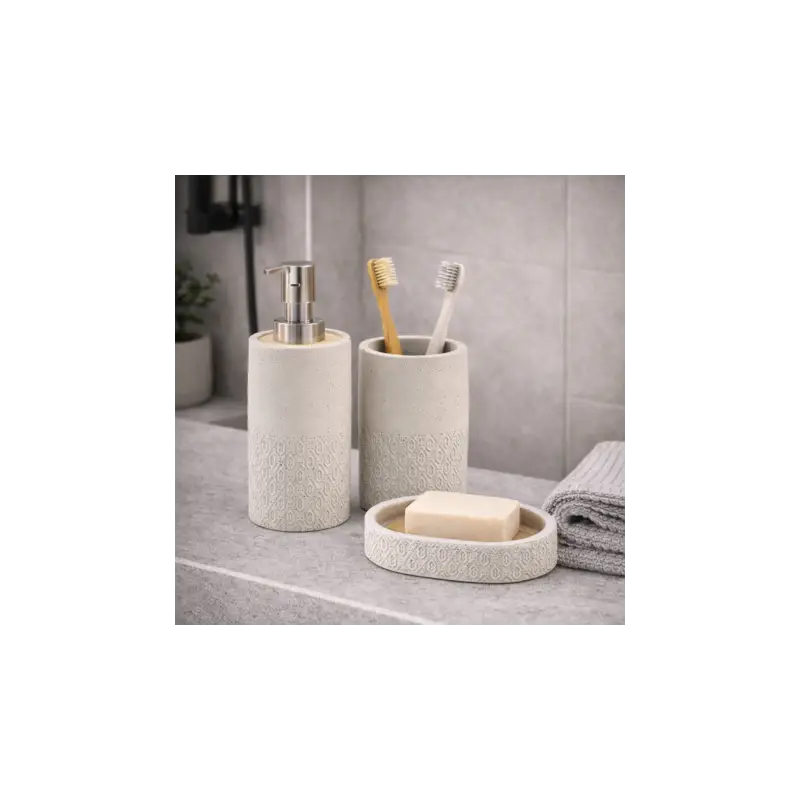 Fine serie | Gedy Set 3 Accessori per il Bagno in Cemento Grigio e Bambù Linea Afrodite