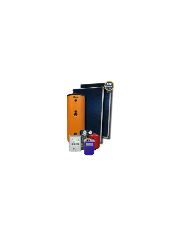 Kit solare termico SUNERG circolazione forzata per 2/3 persone con struttura per 2 collettori 2,00 mq + bollitore 200 litri con 2 serpentini fissi + gruppo di circolazione + antigelo + centralina + vaso di espansione e raccorderia per ACS - Novità
