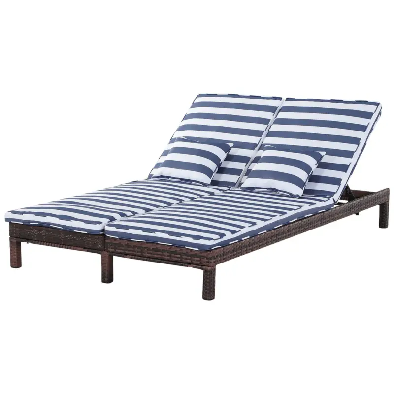 Fino a esaurimento - EASYCOMFORT Lettino Prendisole Sdraio a 2 Posti in PE Rattan Marrone con Materassino a Righe Bianco e Blu