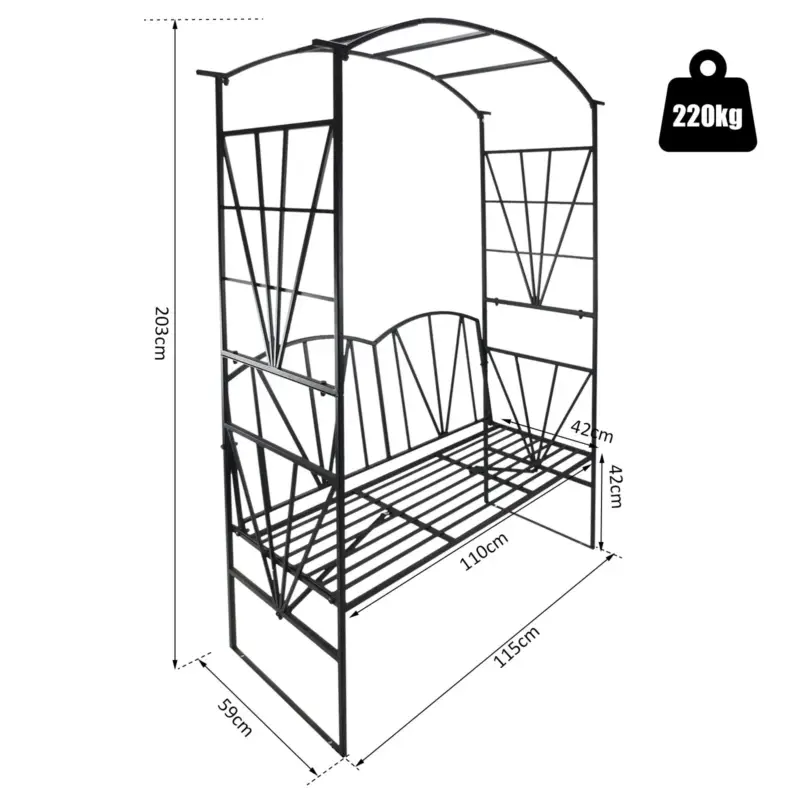 EASYCOMFORT Panchina da Giardino 2 Posti con Arco Rampicanti per Piante, Nero, 115x59x203cm - Nuovo lancio