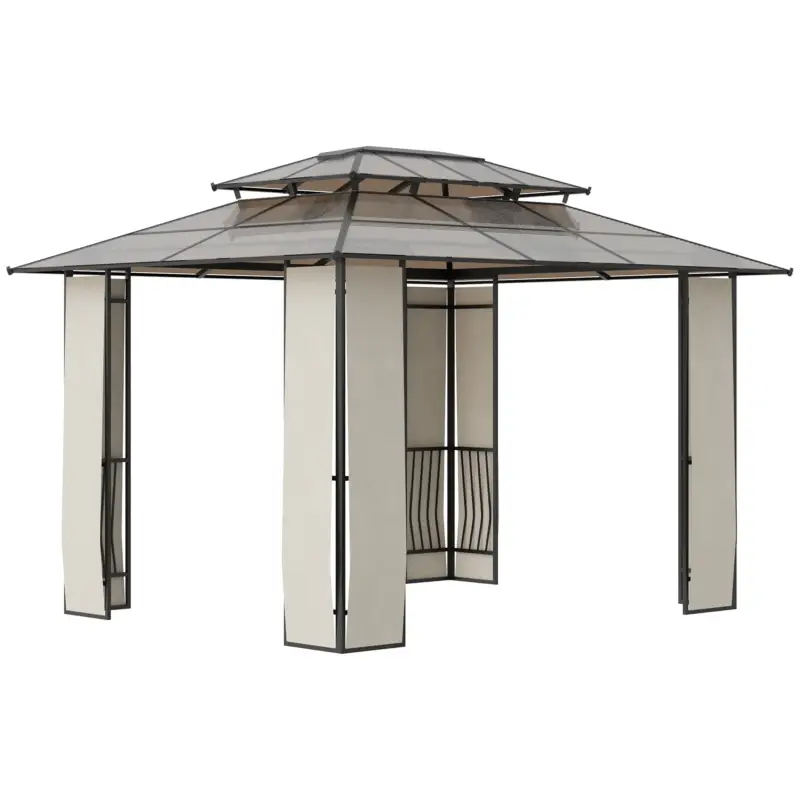Prezzo speciale | Easycomfort Gazebo da Giardino 3.7x3m con Tetto in Policarbonato a 2 Livelli, Acciaio e Alluminio, Marrone
