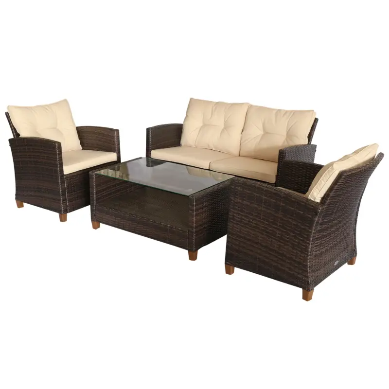 Prezzo imbattibile | EasyComfort Set Mobili da Giardino 4 Pezzi in Rattan PE e Tavolino, Divano e Poltrone Imbottiti Marrone e Beige 124x68x76cm