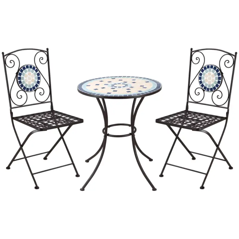 Direttamente dal produttore - Easycomfort Mobili da Giardino Set 3 Pezzi con 2 Sedie Pieghevoli e 1 Tavolino Rotondo, in Metallo e Ceramica