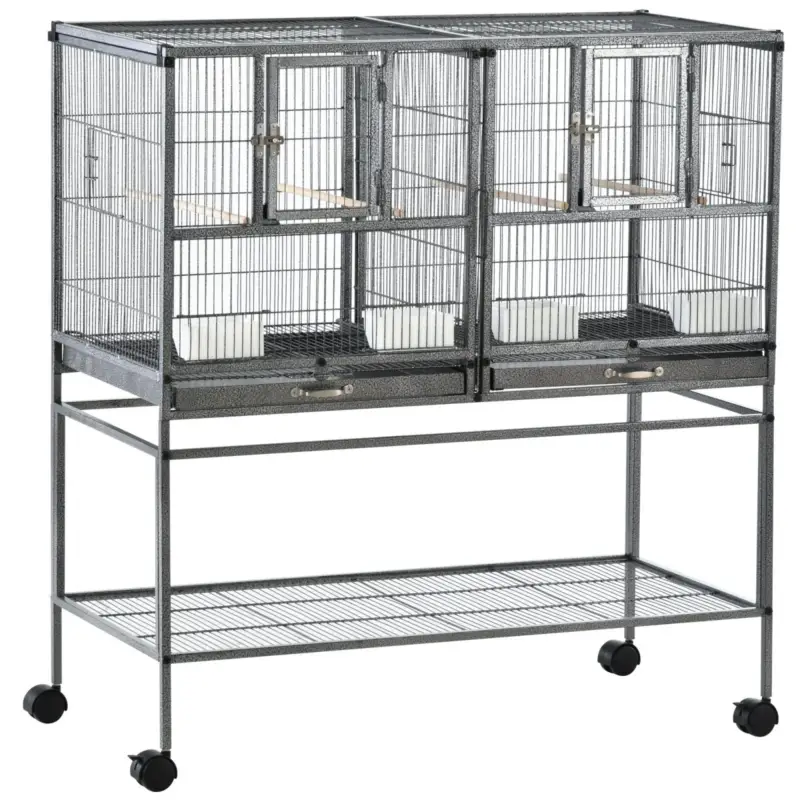 Easycomfort Doppia Gabbia per Uccelli in Metallo con Vassoi Estraibili, Supporto con 4 Ruote e Ripiano, 95x45.5x102cm, Grigio | Prezzo imbattibile