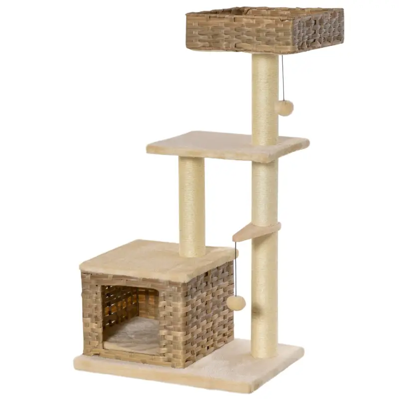 Promo lampo | EasyComfort Tiragraffi a Colonna da 109cm per Gatti fino a 5kg con Cuccia, Giochi e Pali in Corda, Beige 60x40x109cm