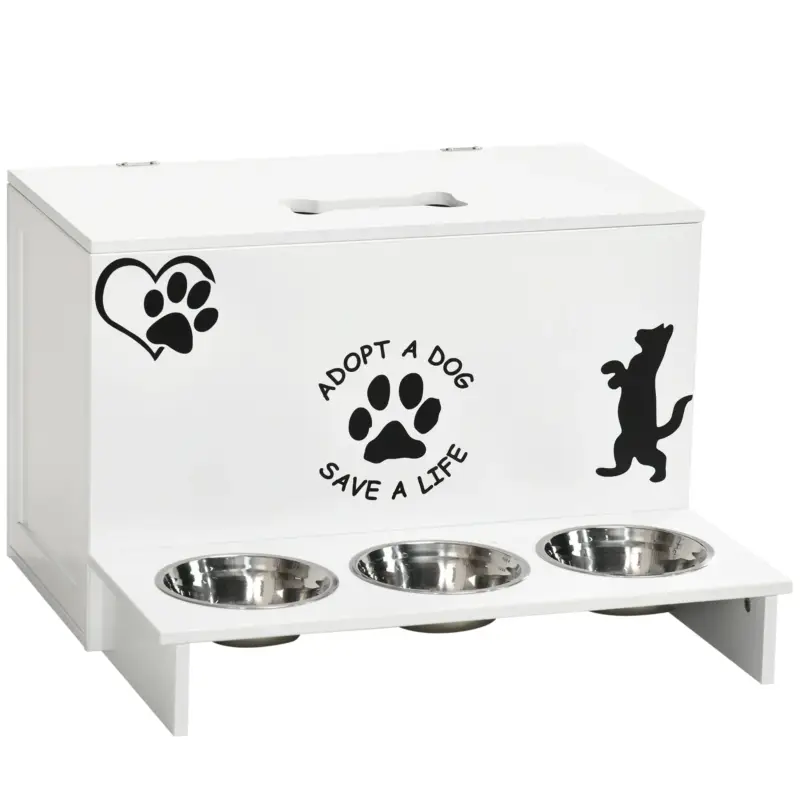 Affrettati | EasyComfort Set 3 Ciotole per Cani da 500ml con Spazio a Scomparsa e Supporto in MDF e Acciaio Inox, 57x53x37.5 cm, Bianco