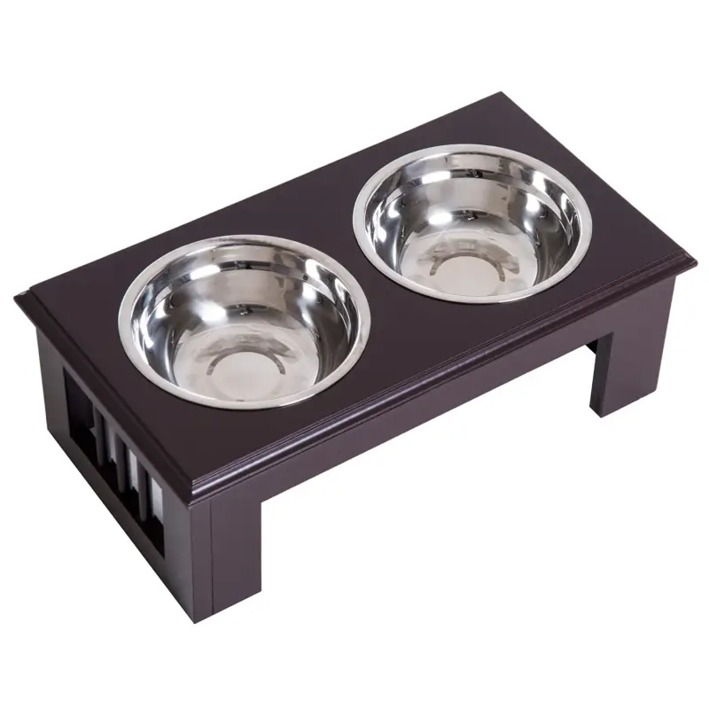 EASYCOMFORT Ciotola Rialzata per Cani in Acciaio Inossidabile, Base in Legno MDF, con 2 Piatti, 44x24x15cm | Affrettati