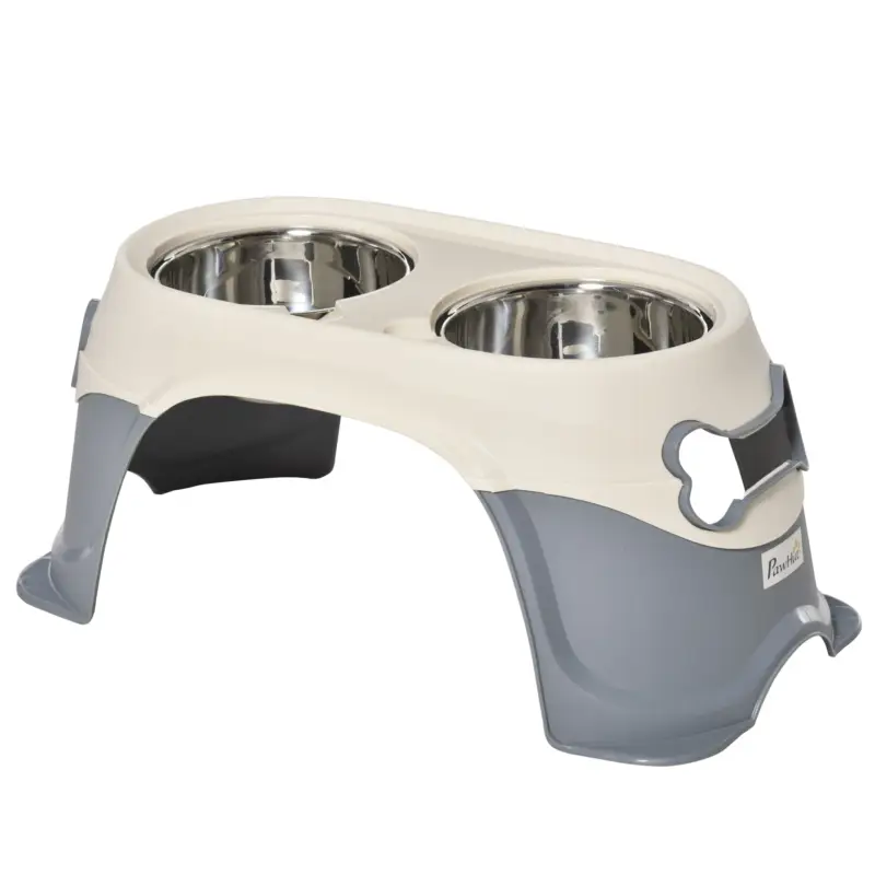 Easycomfort Doppia Ciotola per Cani Rialzata in Acciaio Inox e Plastica con Piedini Antiscivolo, 47x25x20cm, Bianco e Grigio | Ordinabile