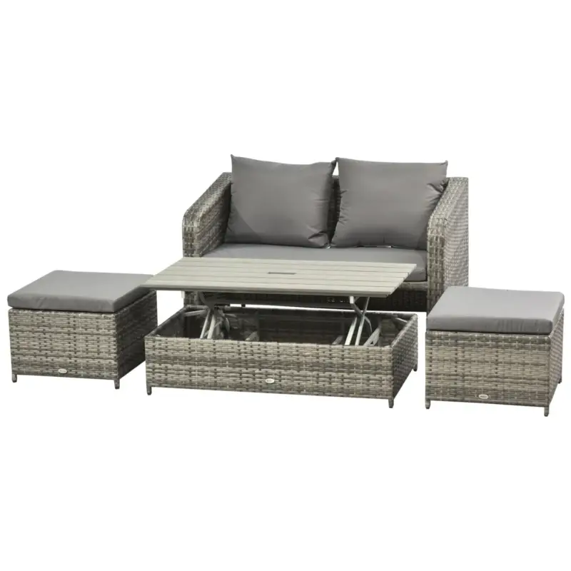 EASYCOMFORT Mobili da Giardino in PE Rattan Salotto da Esterno Set 4 Pezzi con Divano, Tavolino Regolabile e Pouf, Grigio - Fine serie