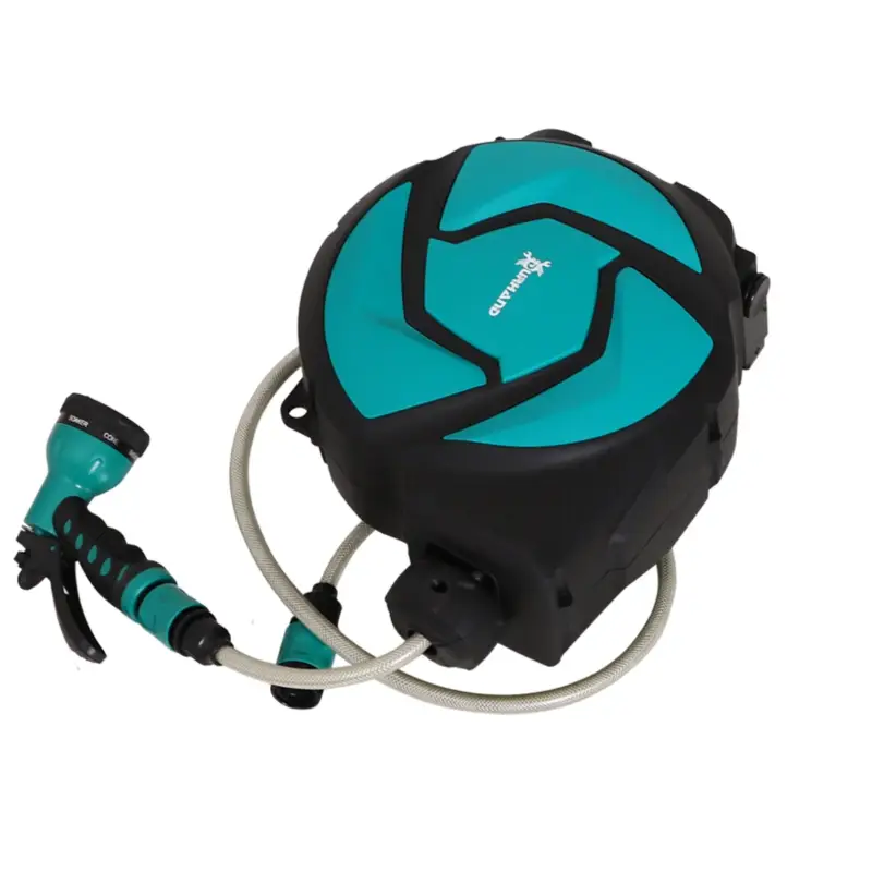 Risparmio extra - Easycomfort DURHAND Avvolgitubo Automatico Fissaggio a Parete Orientabile con Tubo da 10m da Giardino PP, PVC 28 x 14 x 34 cm Nero e verde
