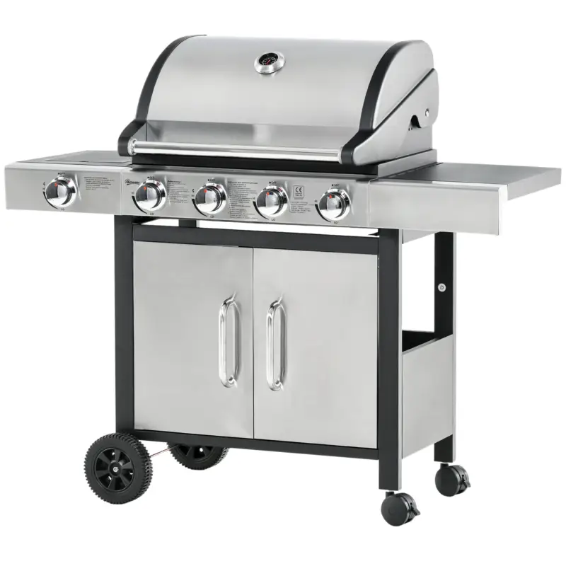Ultima novità | EASYCOMFORT Barbecue Gas con Coperchio e 5 Bruciatori Totali da 15.2kW, Termometro, Mensola e 4 Ruote, 128x50x113cm Nero e Acciaio