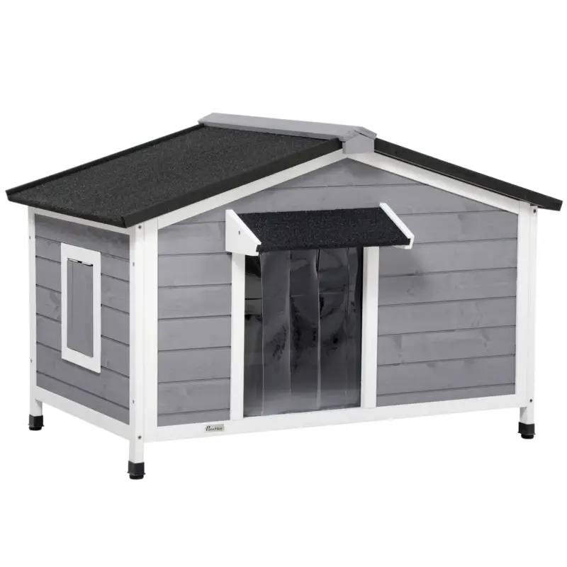 Acquisto sicuro - Easycomfort Casetta per Cani in Legno con Design Rialzato, Tenda Protettiva e 2 Finestre, 109x79x72 cm