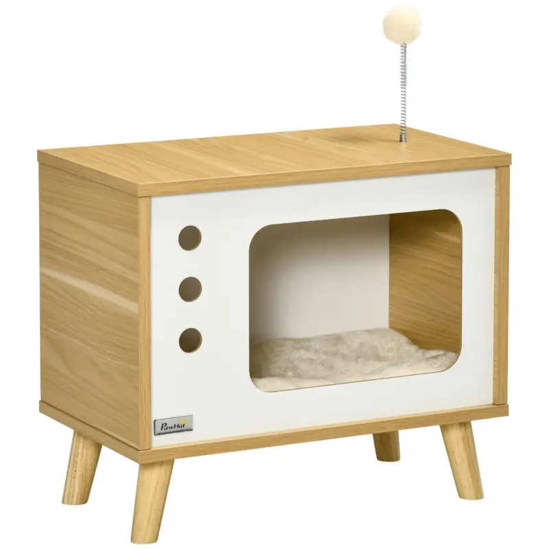 In pronta consegna | Easycomfort Casetta per Gatti in Truciolato a forma di Televisore con Cuscino e Pallina Giocattolo, 50x28x43 cm