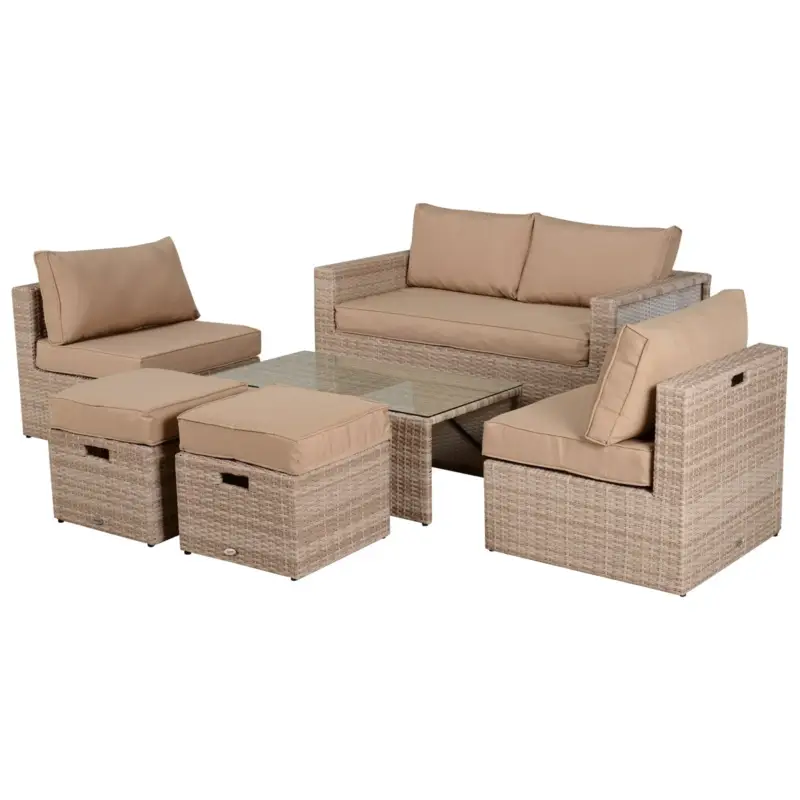 EASYCOMFORT Salotto da Giardino in PE Rattan 6 Pezzi con Divano 2 Poltroncine 2 Pouf e Tavolino Cachi e Beige | Qualità superiore