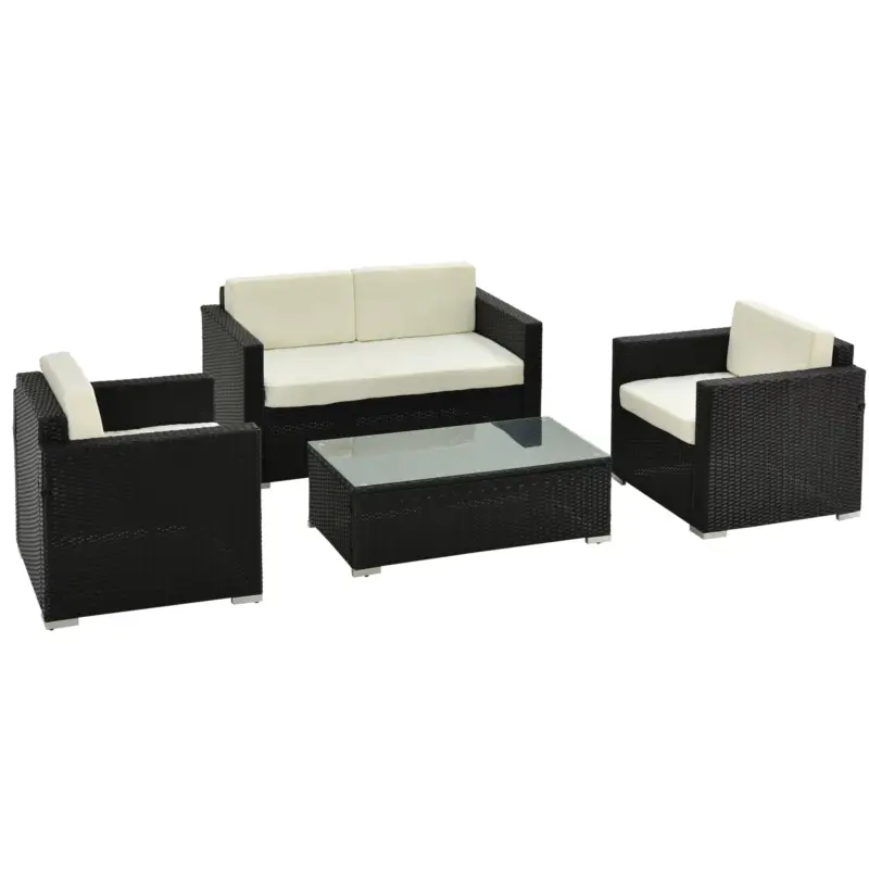 Super prezzo - Easycomfort Set da Giardino 4 Pezzi in Rattan PE e Acciaio, con Divano, 2 Poltrone e Tavolino da Caffè, Nero