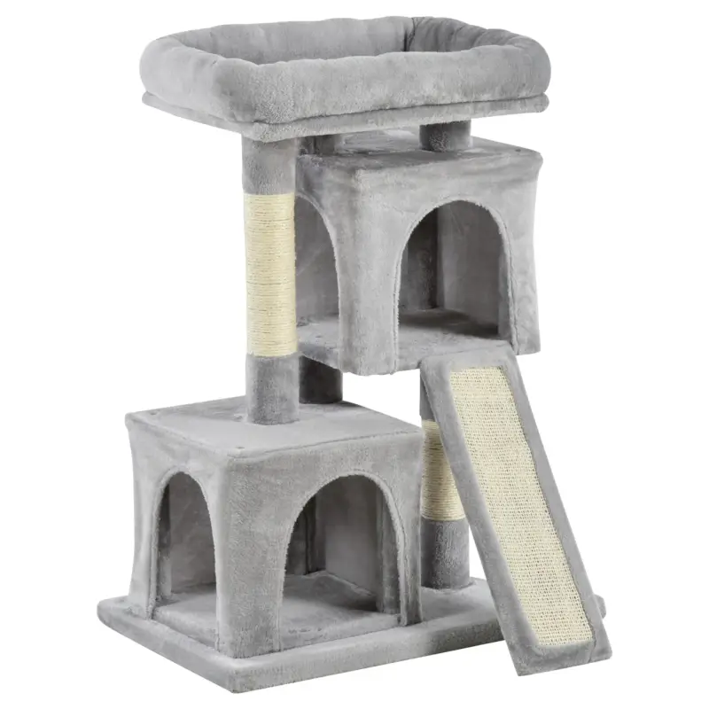 Qualità eccellente | Easycomfort Albero Tiragraffi per Gatti con Pali in Sisal, Lettino e 2 Casette, 59x39x83cm, Grigio