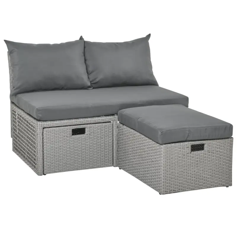 EASYCOMFORT Divano 2 Posti con Contenitore e Pouf in Rattan PE Salvaspazio con Cuscini Grigio - Prezzo imbattibile