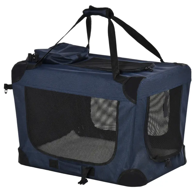 Qualità premium | EasyComfort Borsa per Cani a 3 Ingressi con Cuscino e Sacche Portaoggetti, in Tessuto Oxford Blu e Metallo, 70x51x50 cm