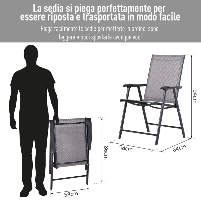Easycomfort Set 4 Sedie Pieghevoli da Esterni in Acciaio e Texteline Per Giardino Veranda Terrazzo, Grigio, 58 x 64 x 94cm - Risparmia di più