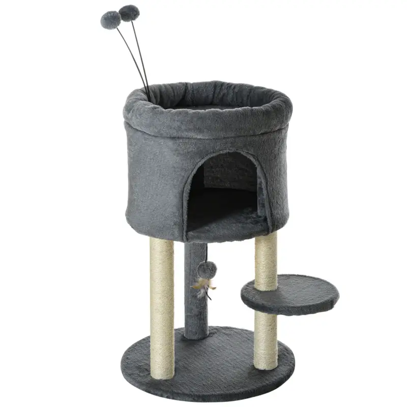 Top vendite - Easycomfort Albero Tiragraffi per Gatti con Casetta e Lettino, Pali in Sisal e Palline, 44.5x44.5x73.5cm, Grigio